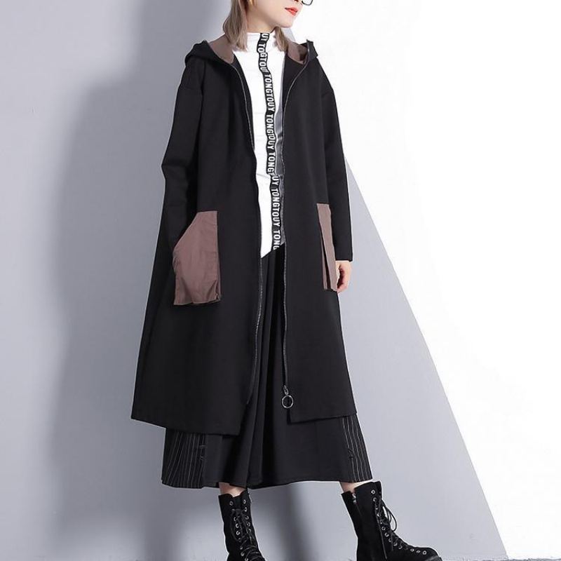 Nouveau Manteau D'hiver Noir Surdimensionné À Capuche Vêtements D'extérieur À Fermeture Éclair Poches Fines Trench Coat - Trenchs femmes