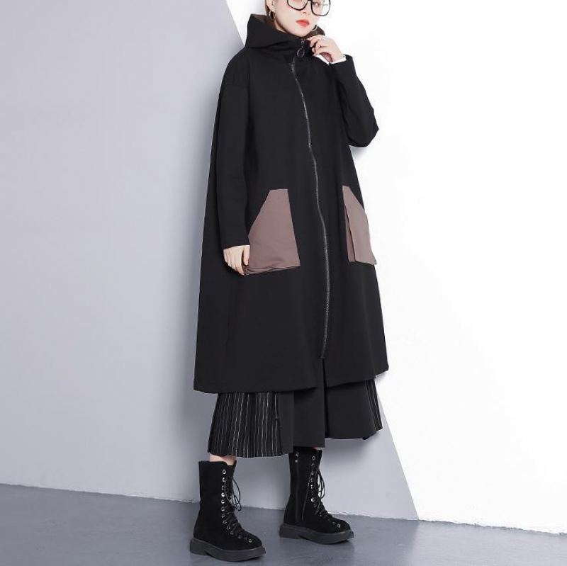 Nouveau Manteau D'hiver Noir Surdimensionné À Capuche Vêtements D'extérieur À Fermeture Éclair Poches Fines Trench Coat - Trenchs femmes