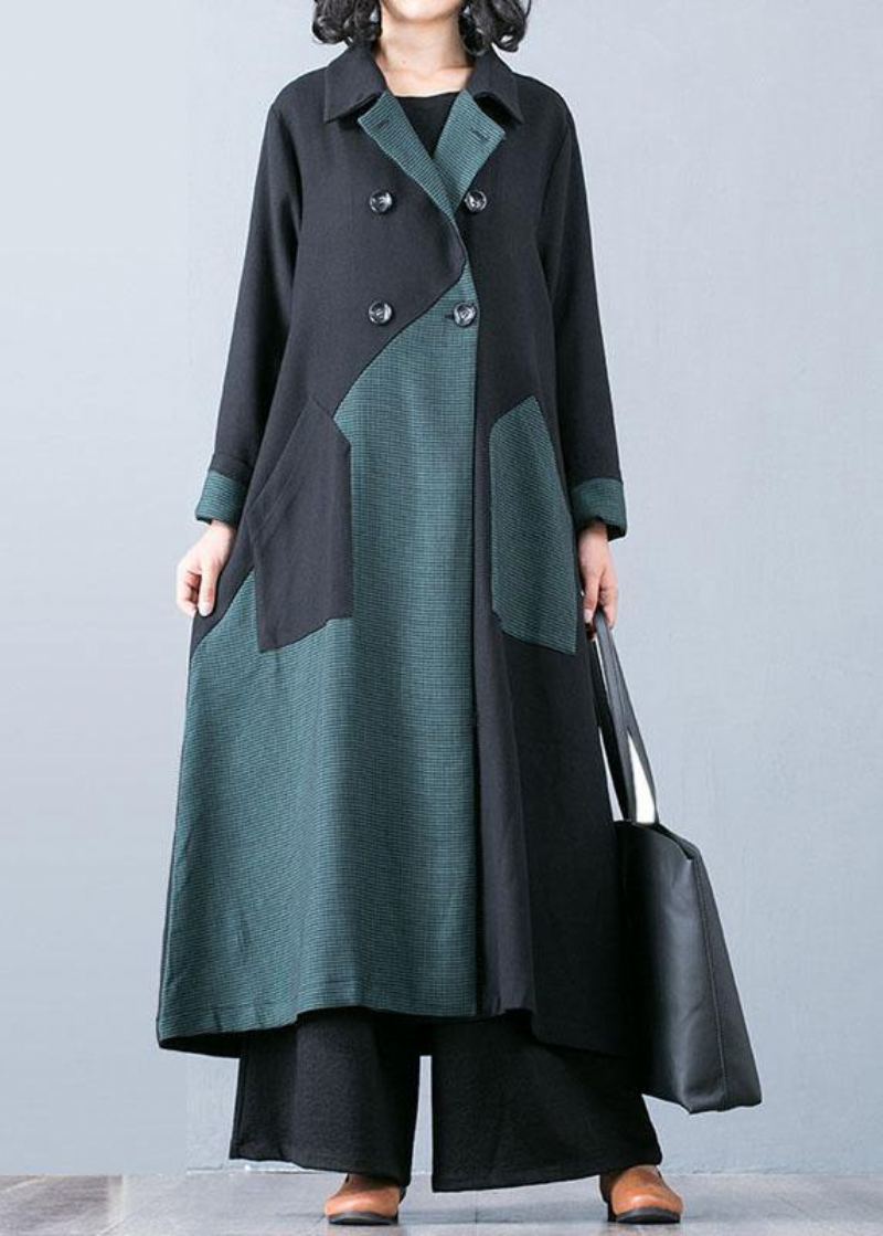 Nouveau Manteau Long Grande Taille Automne Veste Vert Patchwork Double Poitrine Manteaux Femmes