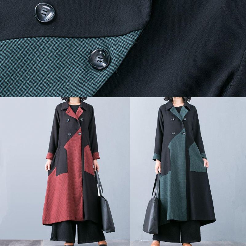 Nouveau Manteau Long Grande Taille Automne Veste Vert Patchwork Double Poitrine Manteaux Femmes - Rouge