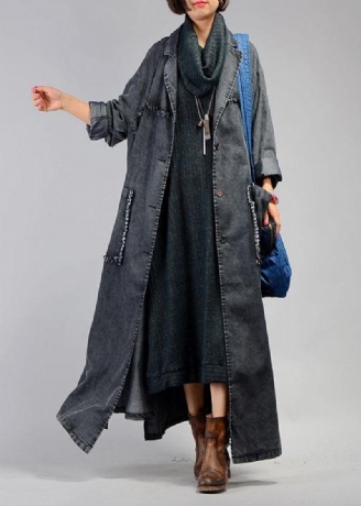 Nouveau Manteau Maxi Grande Taille Automne Denim Noir Cranté Grandes Poches Pour Femme