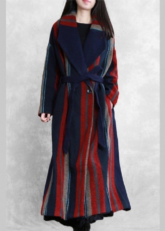 Nouveau Manteau Maxi Grande Taille Bleu Rouge Rayé Vestes En Laine À Nouer À La