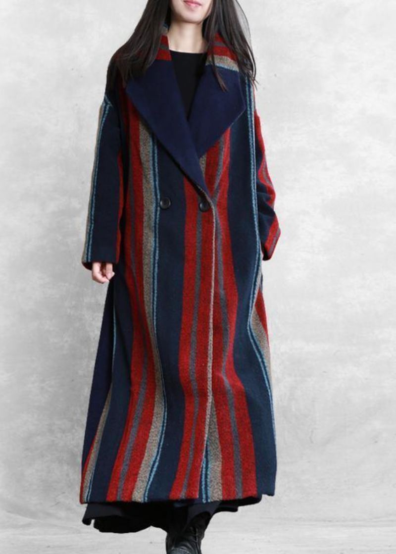 Nouveau Manteau Maxi Grande Taille Bleu Rouge Rayé Vestes En Laine À Nouer À La - Trenchs femmes