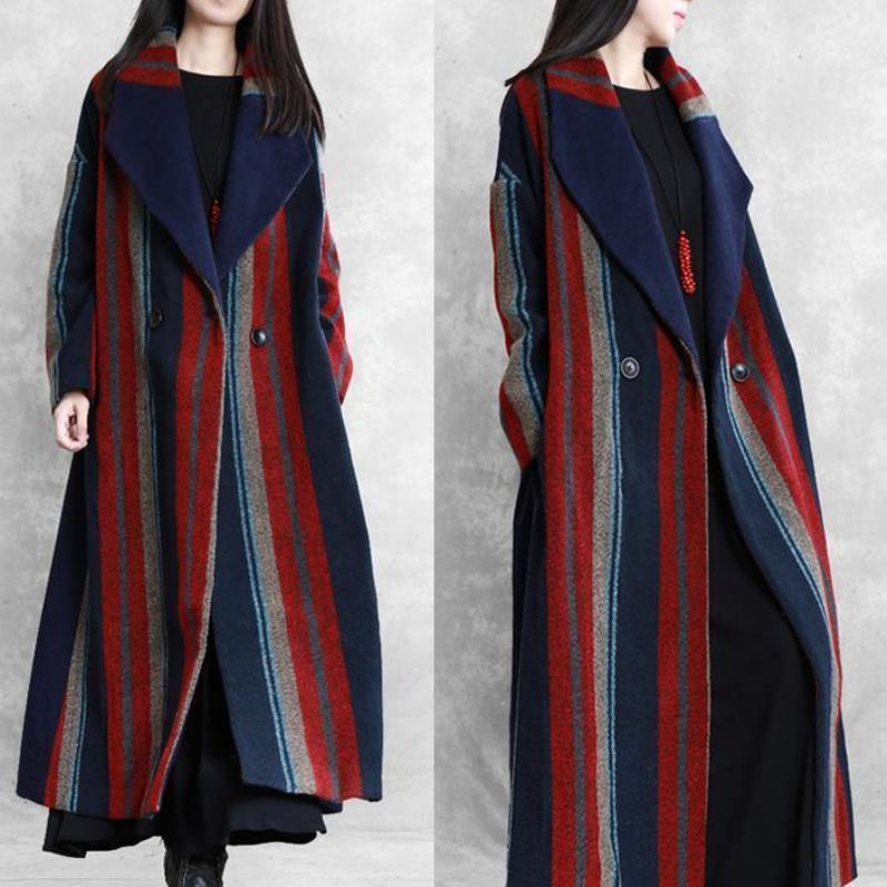 Nouveau Manteau Maxi Grande Taille Bleu Rouge Rayé Vestes En Laine À Nouer À La - Trenchs femmes