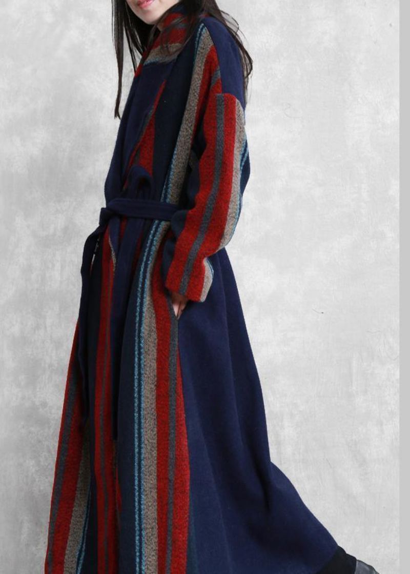 Nouveau Manteau Maxi Grande Taille Bleu Rouge Rayé Vestes En Laine À Nouer À La - Trenchs femmes