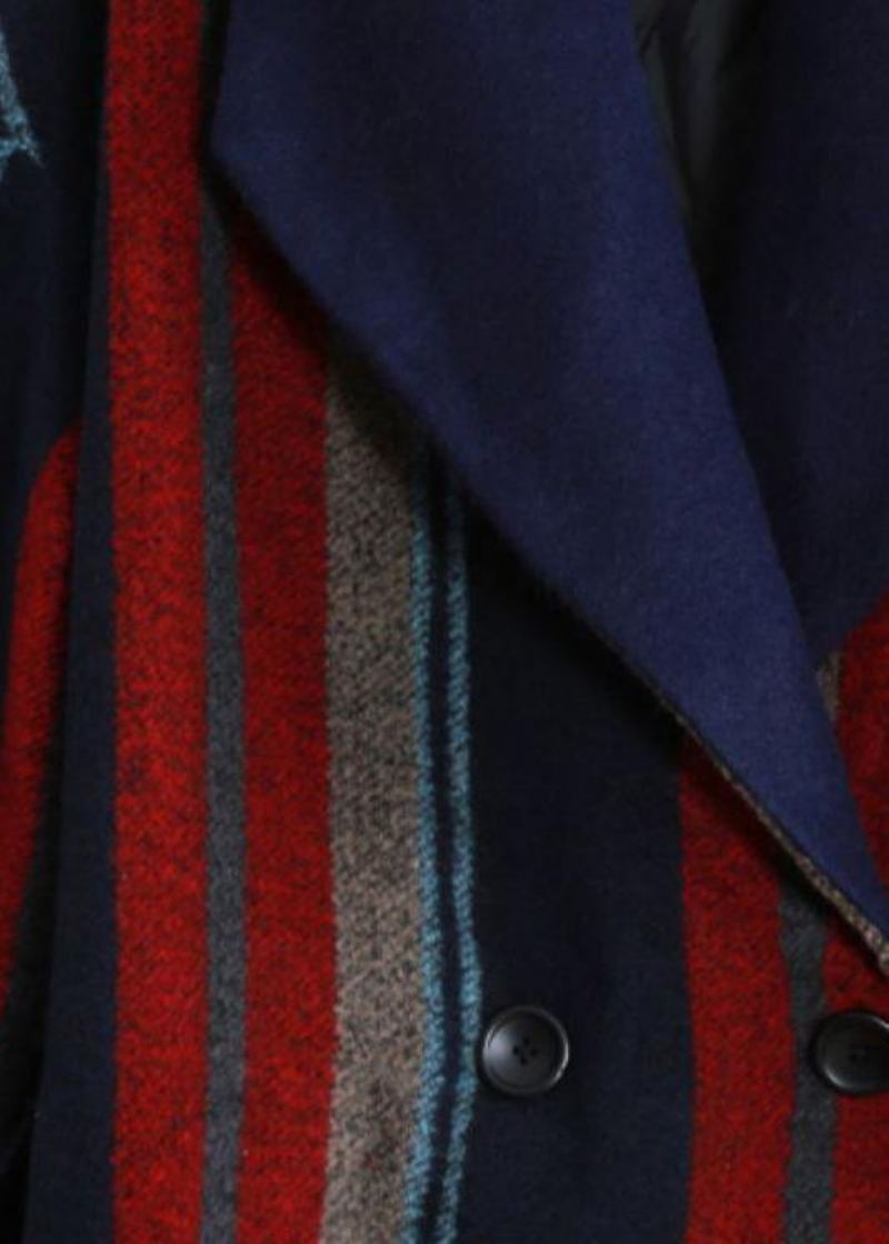 Nouveau Manteau Maxi Grande Taille Bleu Rouge Rayé Vestes En Laine À Nouer À La - Trenchs femmes