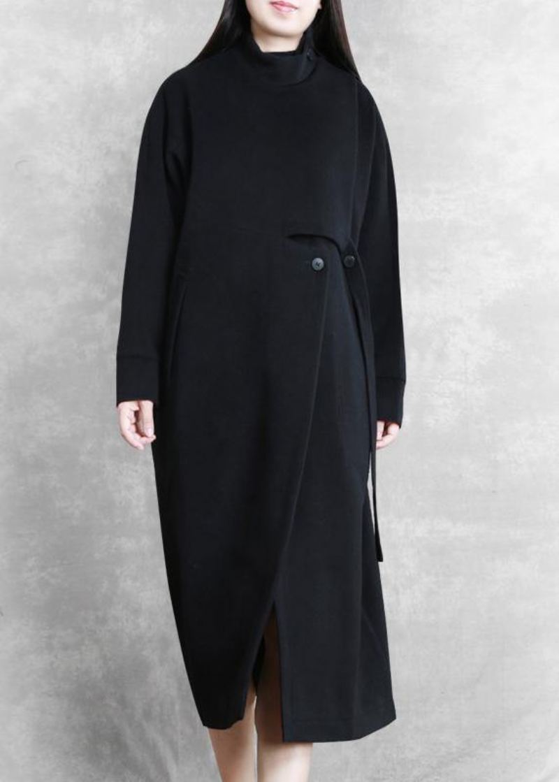 Nouveau Manteau Noir Femmes Décontracté Col Montant Asymétrique Long Laine Vêtements D'extérieur