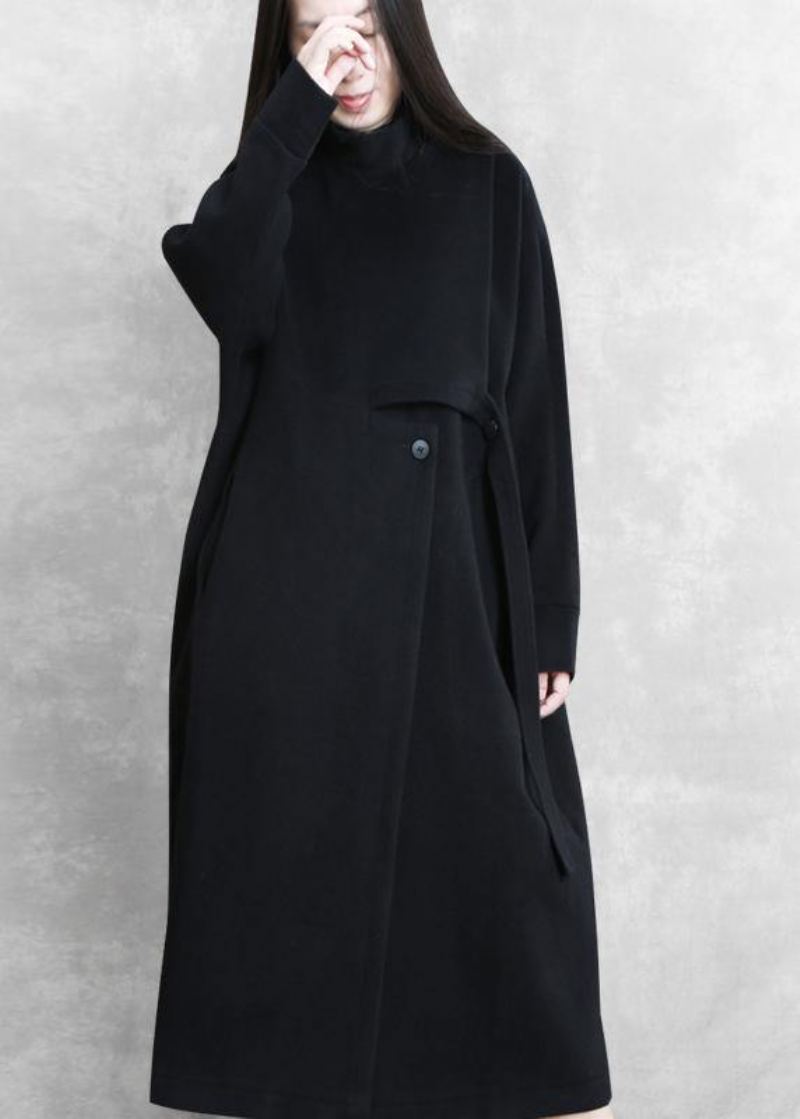 Nouveau Manteau Noir Femmes Décontracté Col Montant Asymétrique Long Laine Vêtements D'extérieur - Trenchs femmes