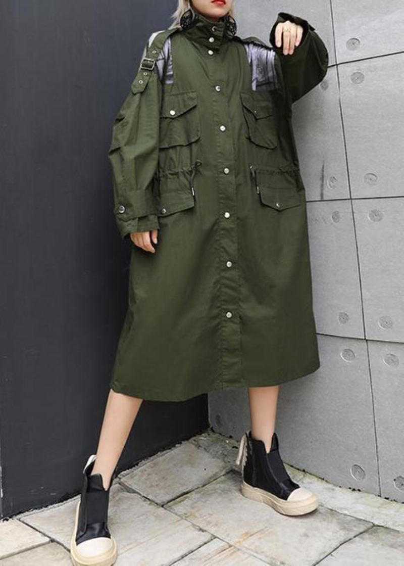 Nouveau Manteau Vert Armée À La Mode Grande Taille Manteaux Longs À Revers Avec Cordon De Serrage