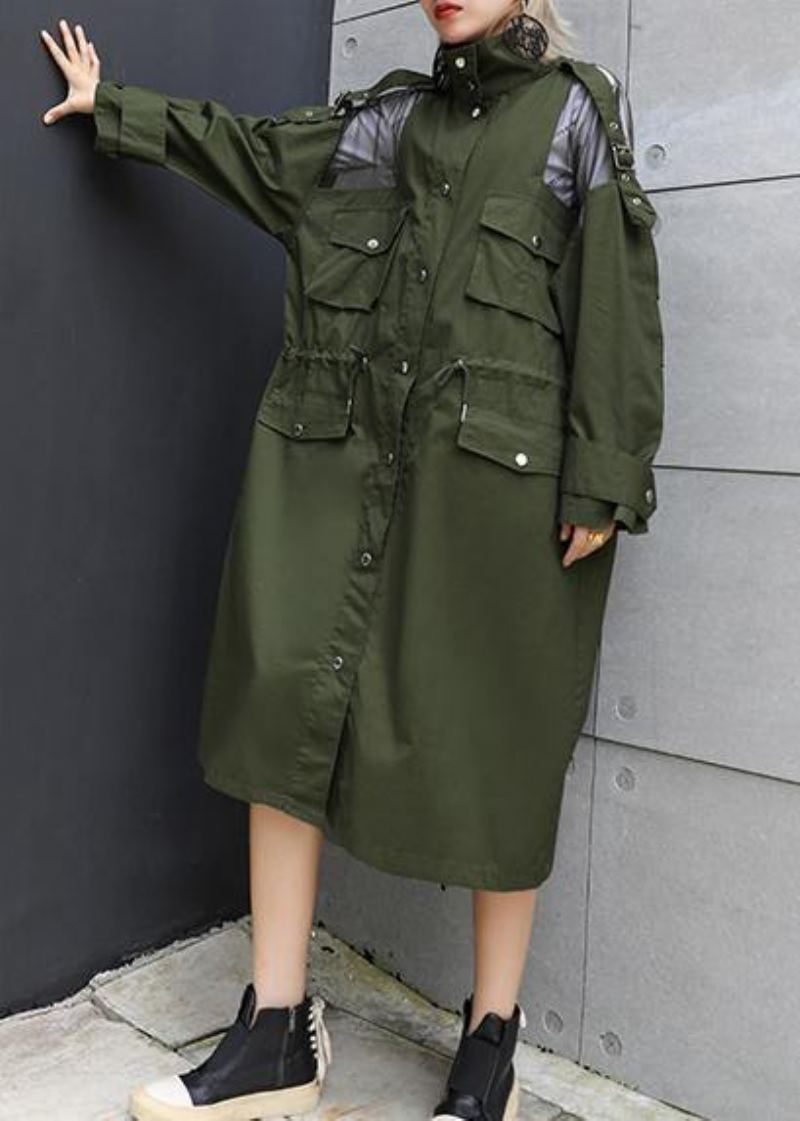 Nouveau Manteau Vert Armée À La Mode Grande Taille Manteaux Longs À Revers Avec Cordon De Serrage - Trenchs femmes