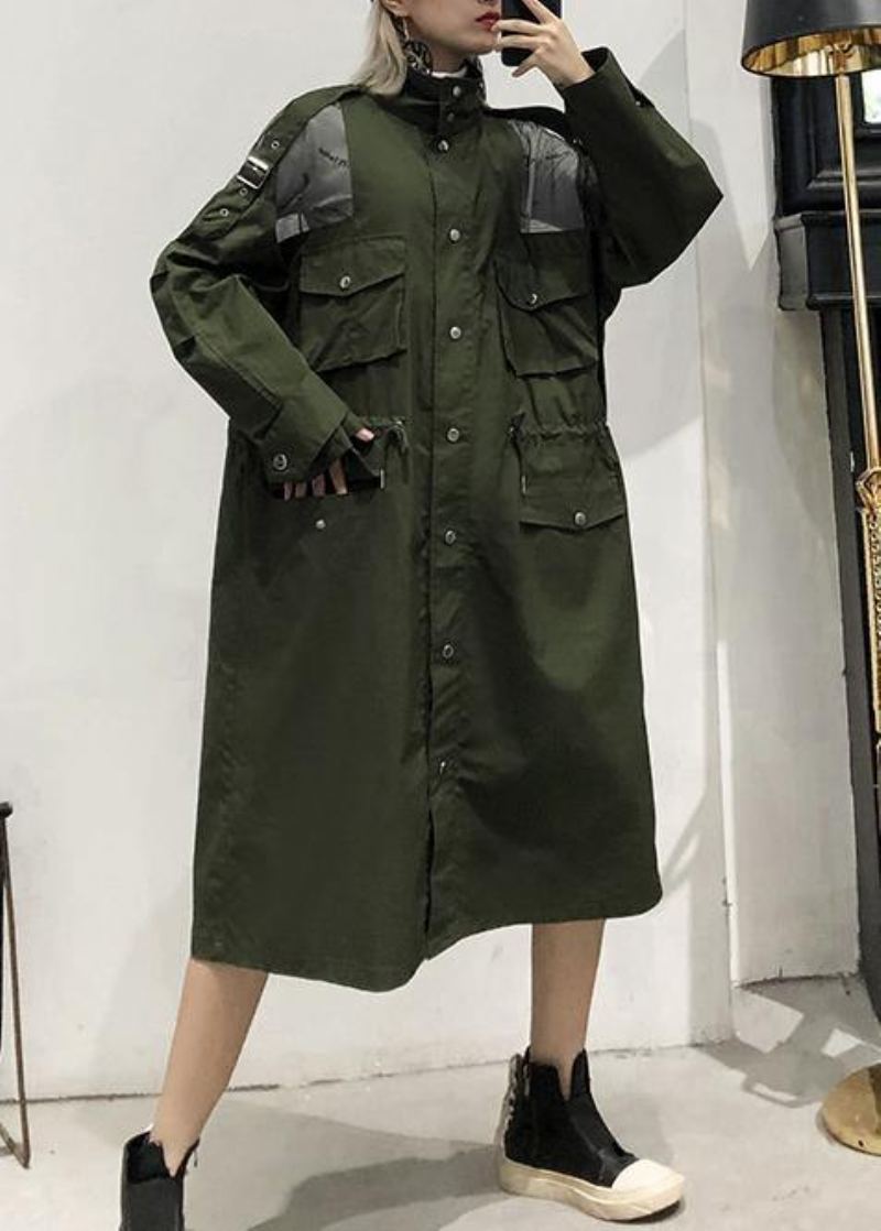 Nouveau Manteau Vert Armée À La Mode Grande Taille Manteaux Longs À Revers Avec Cordon De Serrage - Trenchs femmes