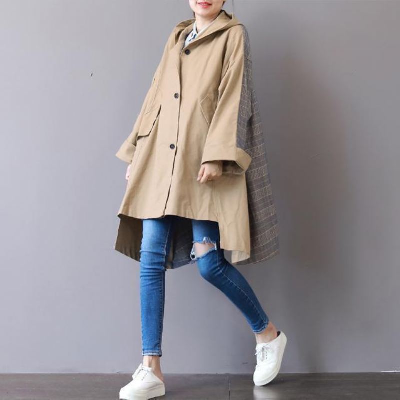 Nouveau Manteaux Kaki Grande Taille À Capuche Manteau Design Bas Boutique Patchwork Trench-coat D'hiver - Trenchs femmes