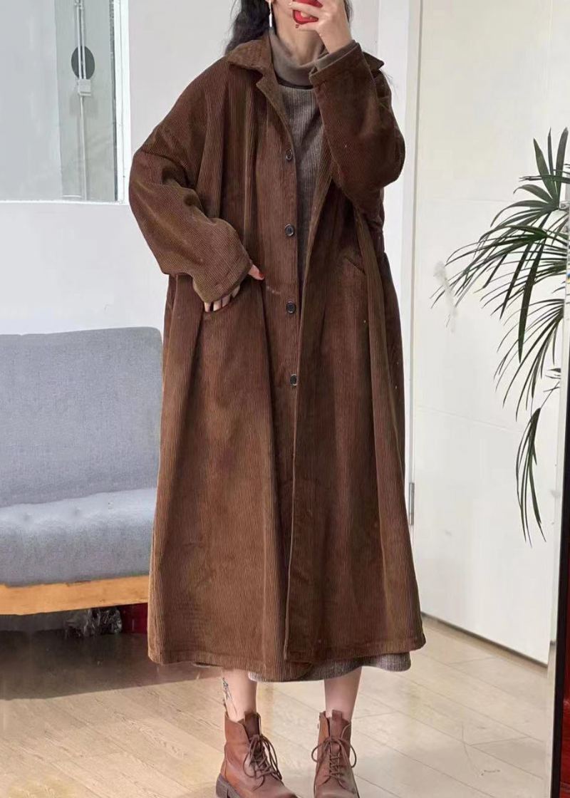 Nouveau Trench-coat Long En Velours Côtelé Avec Poches À Boutons Caramel