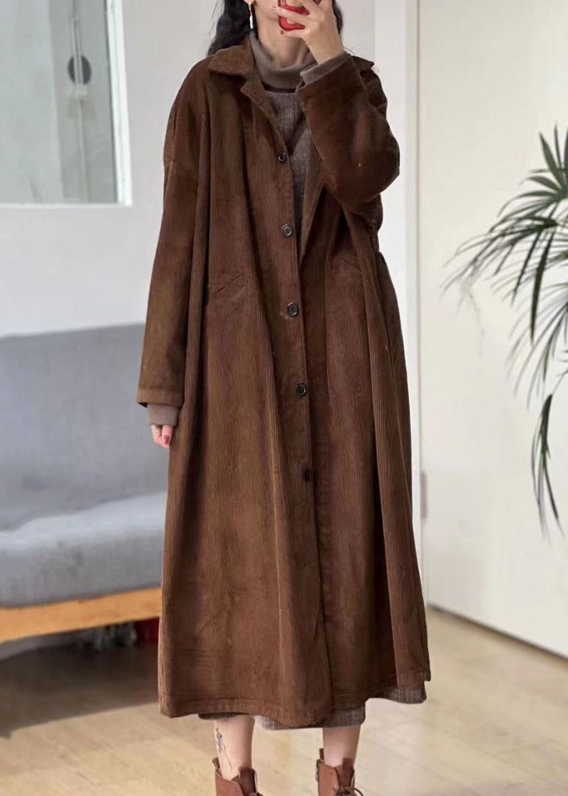 Nouveau Trench-coat Long En Velours Côtelé Avec Poches À Boutons Caramel - Trenchs femmes