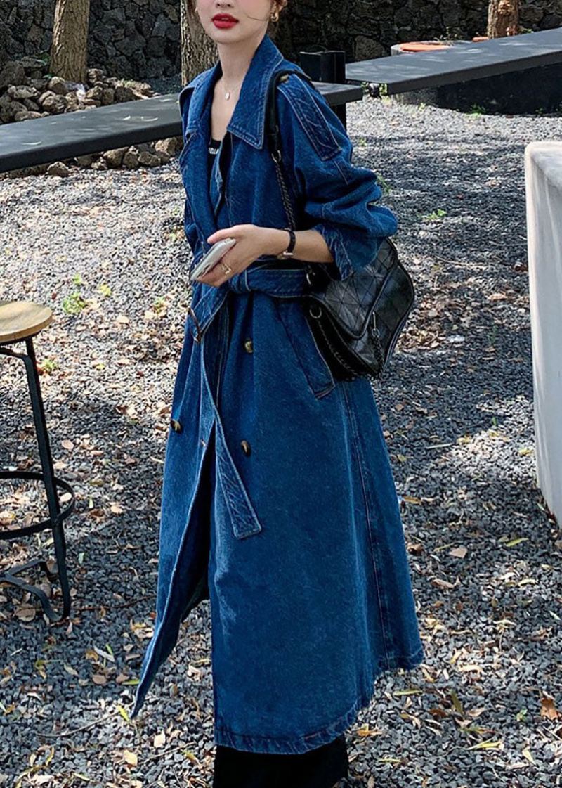 Poches Bleues Faites À La Main Cravate Taille Patchwork Denim Trench Automne