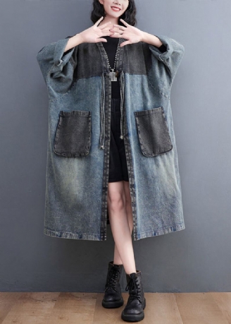 Rétro Bleu Col En V Poches Patchwork Bouton Denim Longs Trench Manteaux Automne