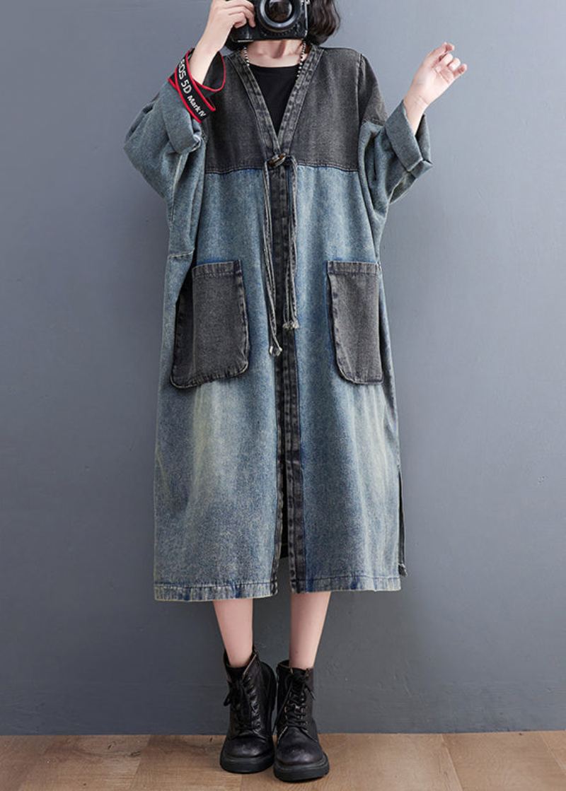 Rétro Bleu Col En V Poches Patchwork Bouton Denim Longs Trench Manteaux Automne - Trenchs femmes