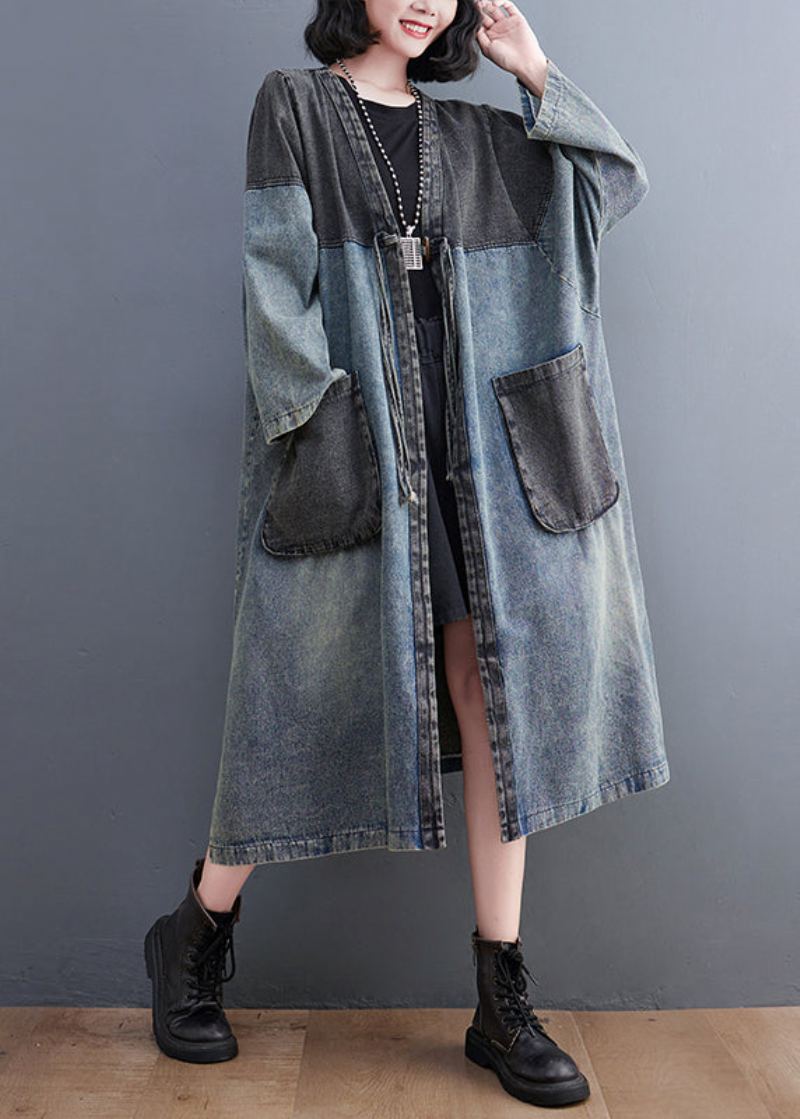 Rétro Bleu Col En V Poches Patchwork Bouton Denim Longs Trench Manteaux Automne - Trenchs femmes