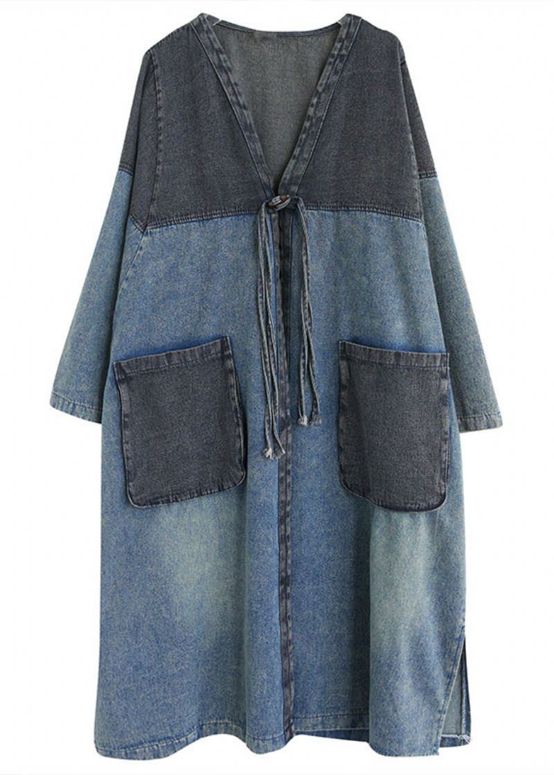 Rétro Bleu Col En V Poches Patchwork Bouton Denim Longs Trench Manteaux Automne - Trenchs femmes