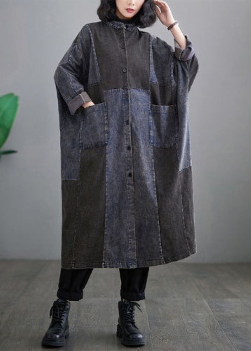 Rétro Denim Bleu Poches Patchwork Bouton Longs Trench Manteaux À Manches Longues