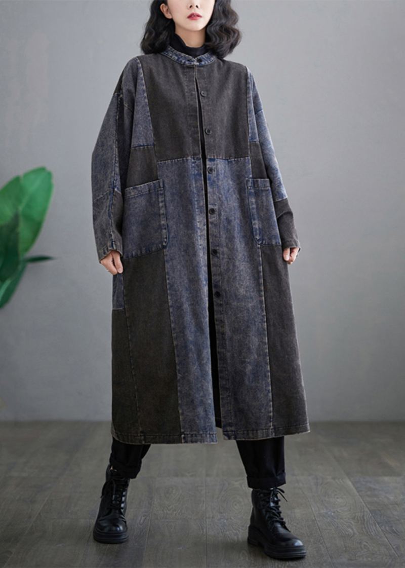 Rétro Denim Bleu Poches Patchwork Bouton Longs Trench Manteaux À Manches Longues - Trenchs femmes