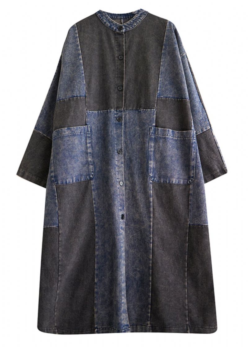 Rétro Denim Bleu Poches Patchwork Bouton Longs Trench Manteaux À Manches Longues - Trenchs femmes