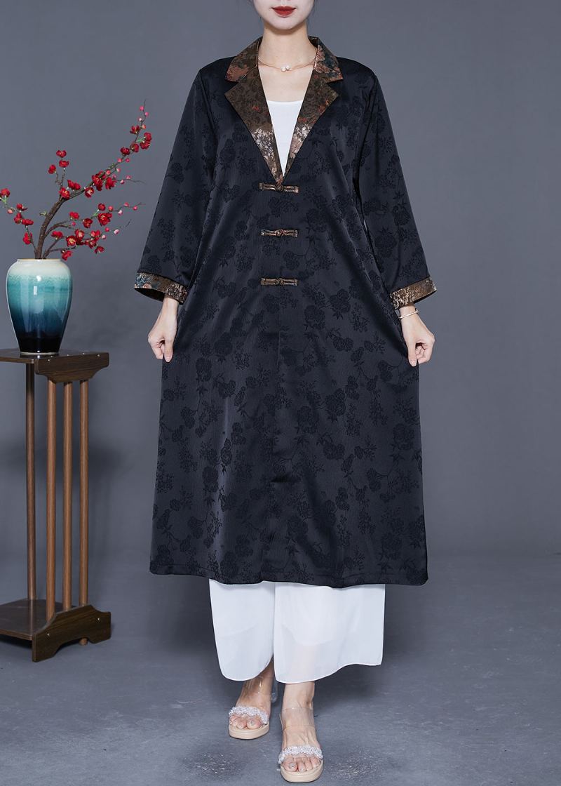 Rétro Noir Cranté Patchwork Chinois Bouton Soie Trench Manteaux Printemps