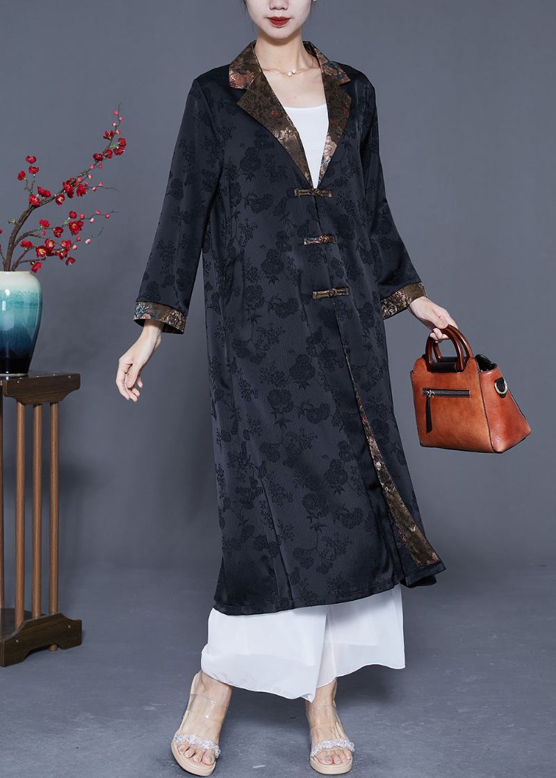 Rétro Noir Cranté Patchwork Chinois Bouton Soie Trench Manteaux Printemps - Trenchs femmes