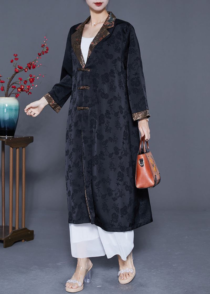 Rétro Noir Cranté Patchwork Chinois Bouton Soie Trench Manteaux Printemps - Trenchs femmes