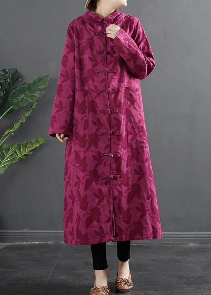 Robe À Capuche En Jacquard Rose Avec Boutons Chinois Pour Femmes