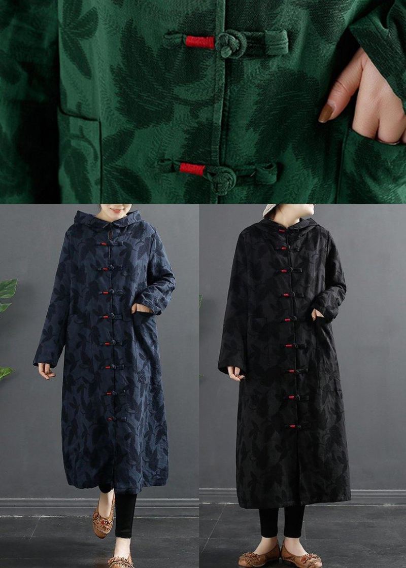 Robe À Capuche En Jacquard Rose Avec Boutons Chinois Pour Femmes - Vert