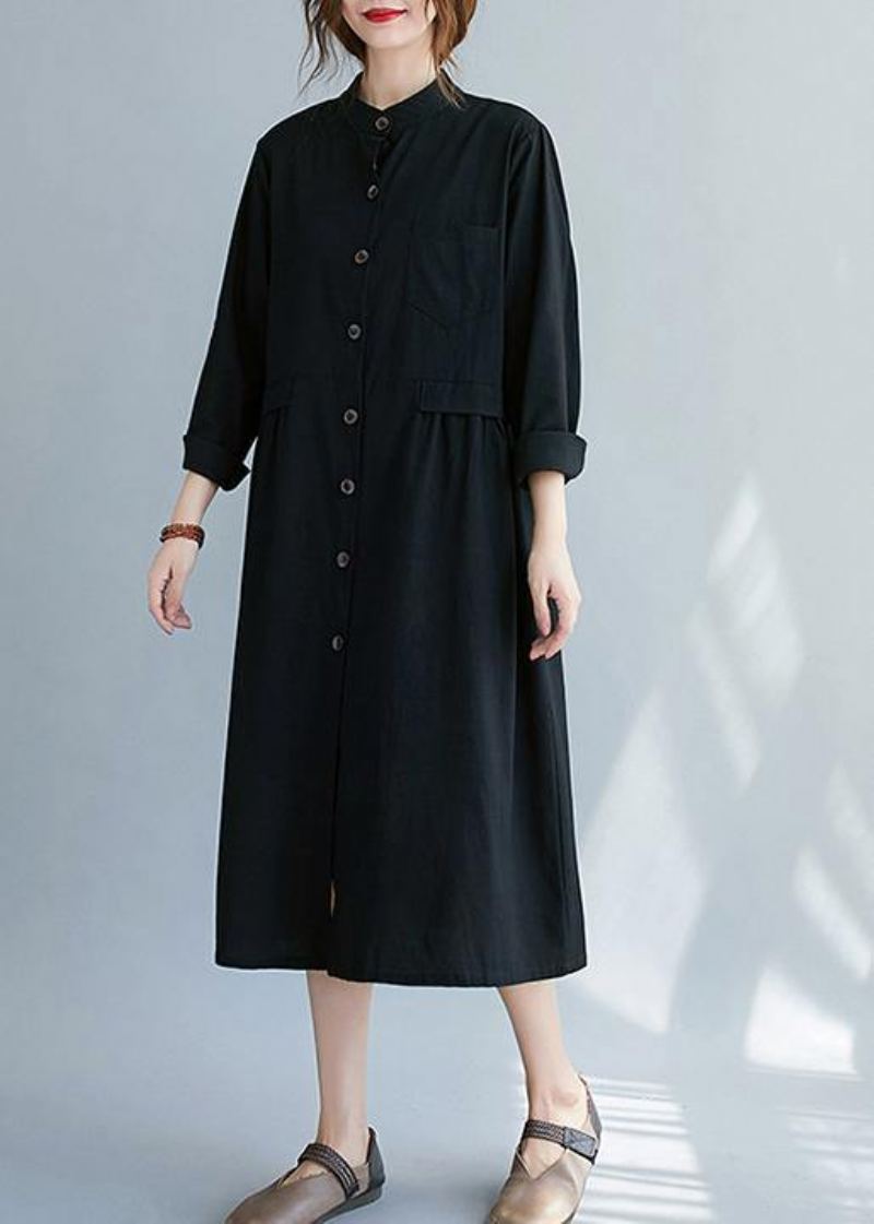 Robe De Printemps Française Noire Vêtements Noirs Col Montant Boutonné Ligne A - Vert