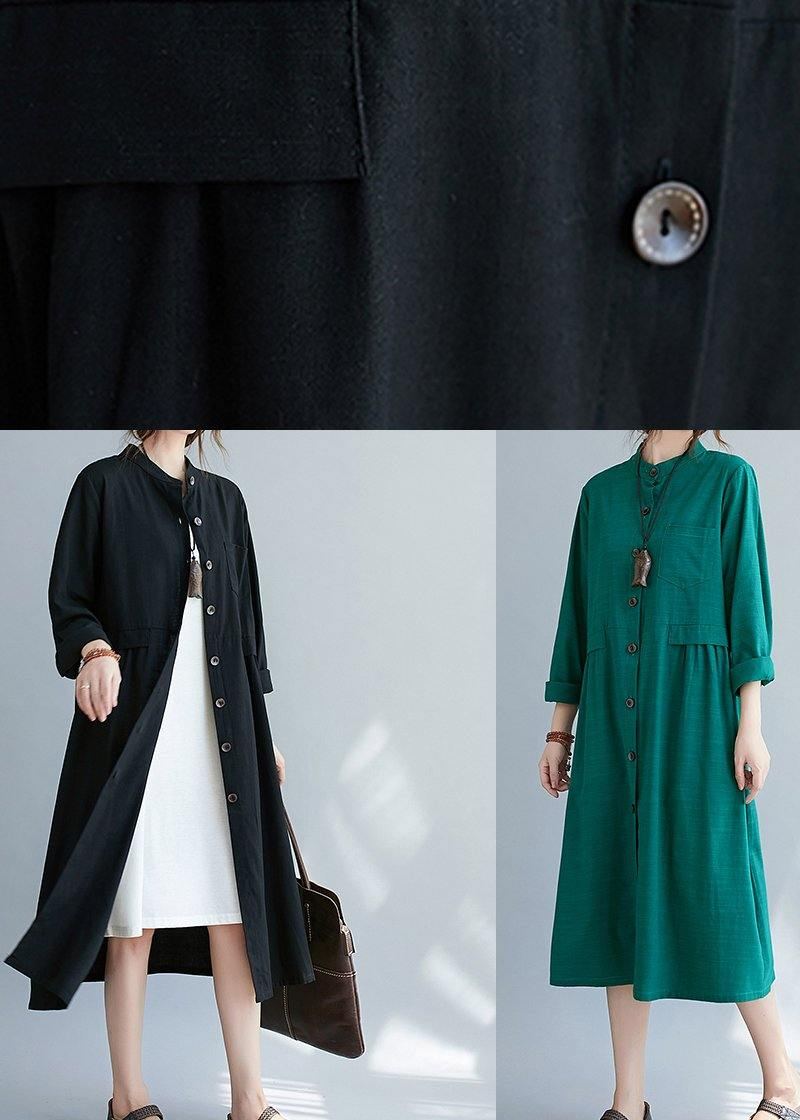 Robe De Printemps Française Noire Vêtements Noirs Col Montant Boutonné Ligne A - Vert