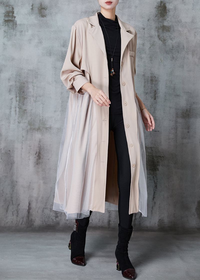 Robe Trench En Coton Et Tulle Kaki Français Col Cranté Patchwork Printemps