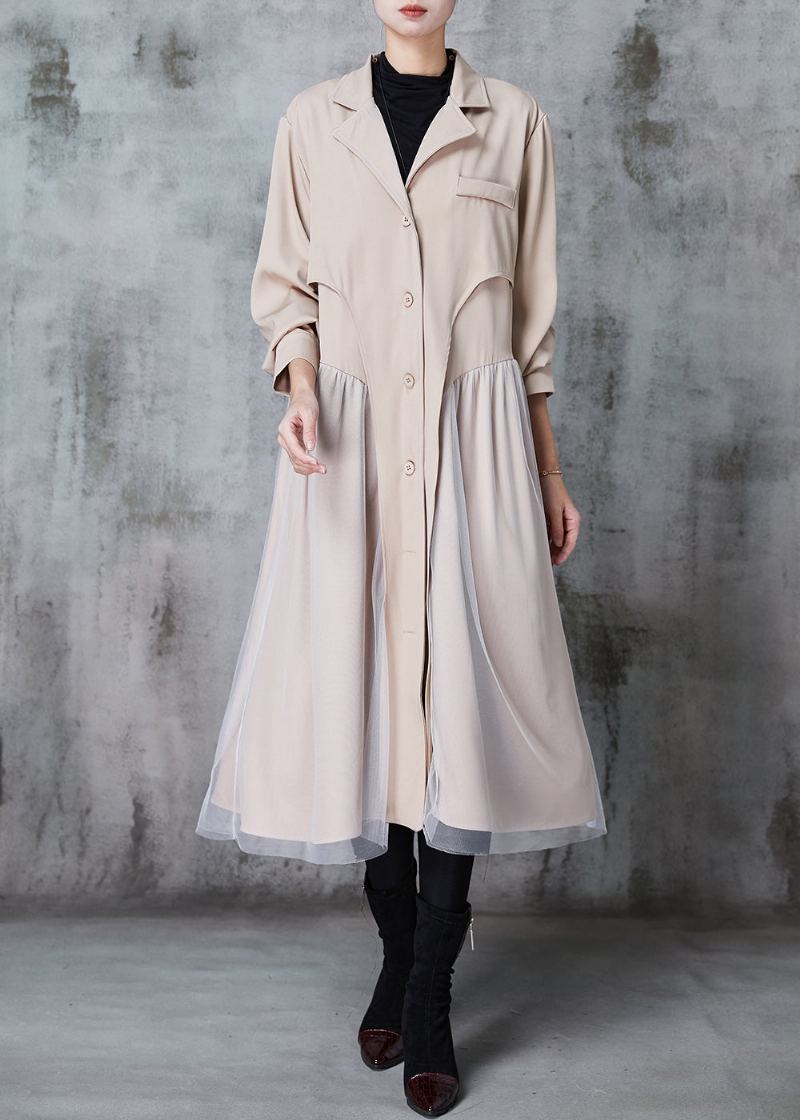 Robe Trench En Coton Et Tulle Kaki Français Col Cranté Patchwork Printemps - Trenchs femmes