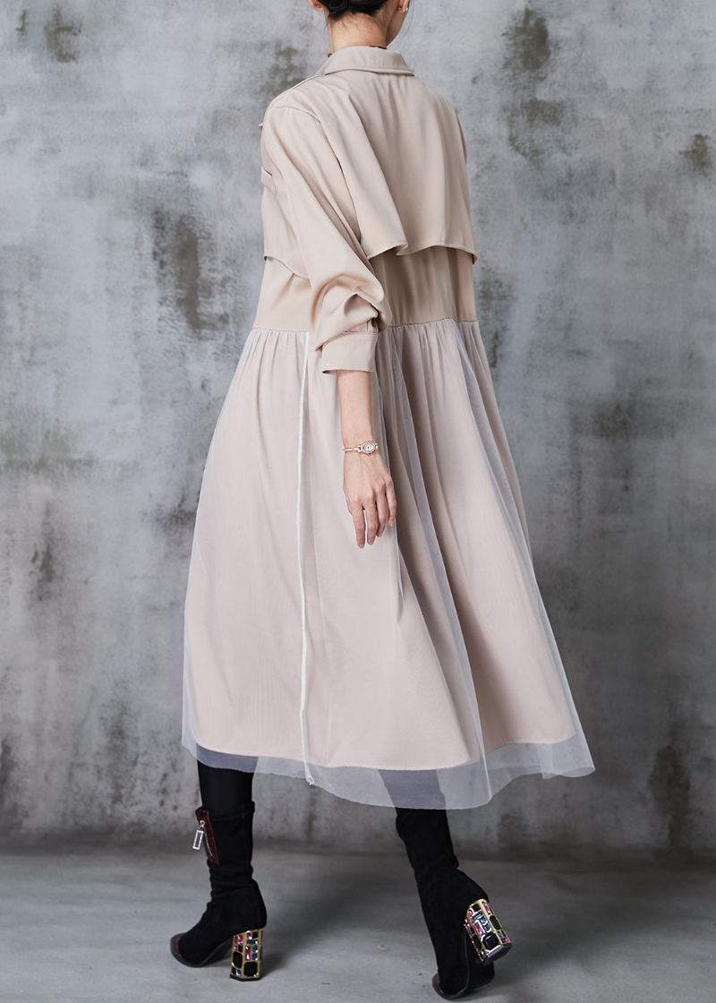 Robe Trench En Coton Et Tulle Kaki Français Col Cranté Patchwork Printemps - Trenchs femmes