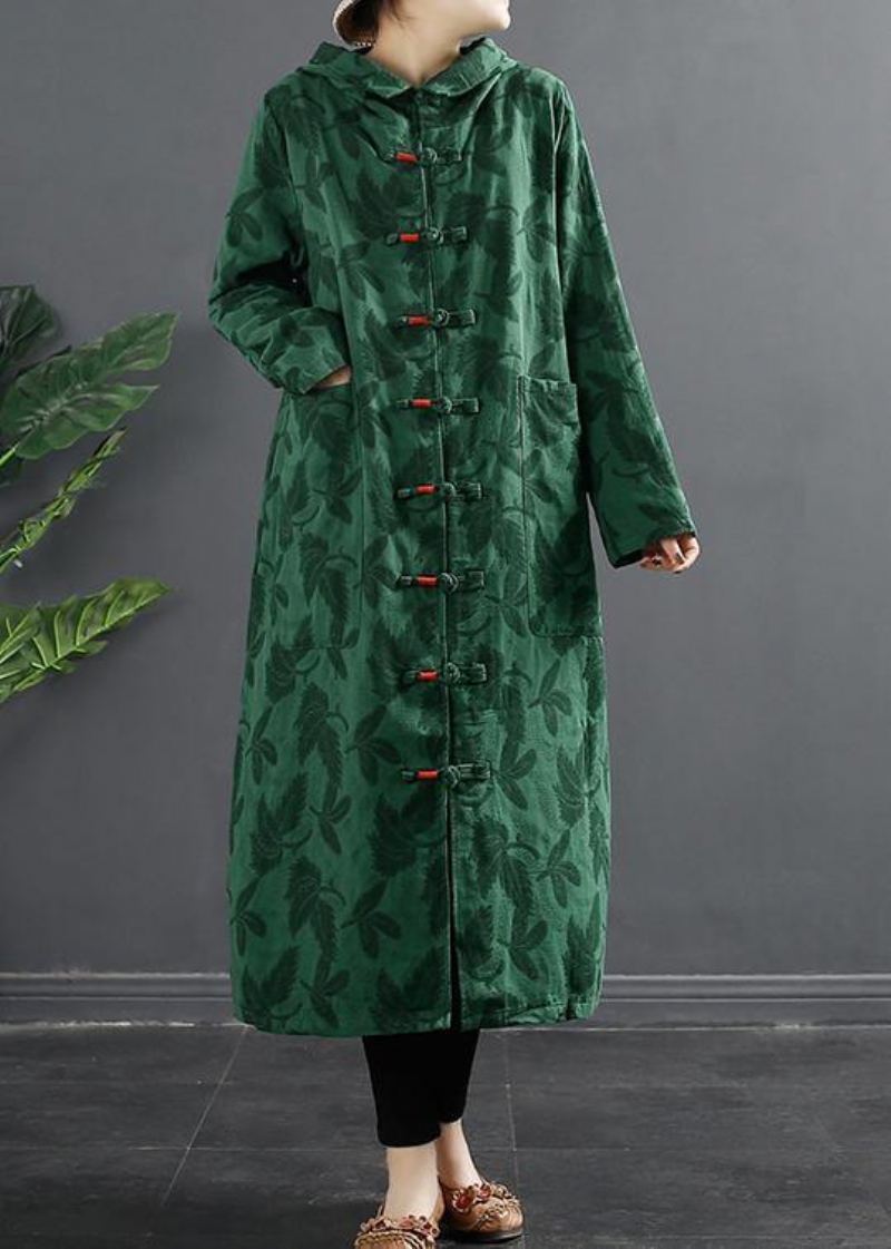 Robes À Boutons Chinois À Capuche En Jacquard Vert Français - Vert