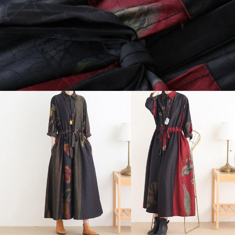 Robes Imprimées Vertes Diy Revers Avec Cordon De Serrage Robe Artistique - Rouge