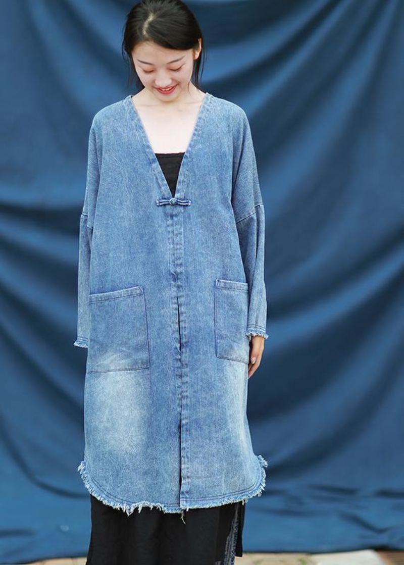 Robes Matelassées Modernes À Col En V Robe Brodée En Denim Bleu - Trenchs femmes