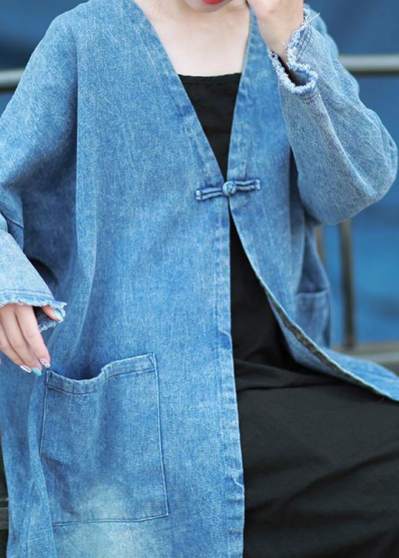 Robes Matelassées Modernes À Col En V Robe Brodée En Denim Bleu - Trenchs femmes