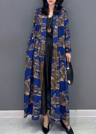 Sexy Bleu Col Claudine Imprimé Mince Maxi Trench Manteaux À Manches Longues