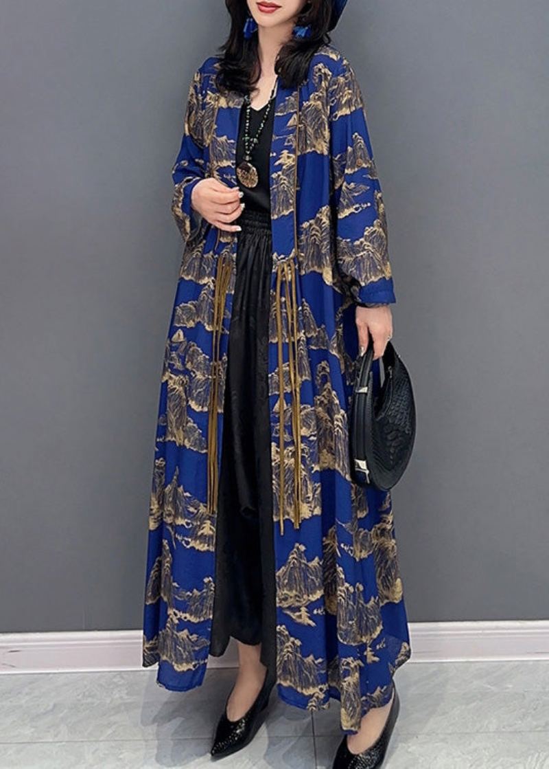 Sexy Bleu Col Claudine Imprimé Mince Maxi Trench Manteaux À Manches Longues - Trenchs femmes