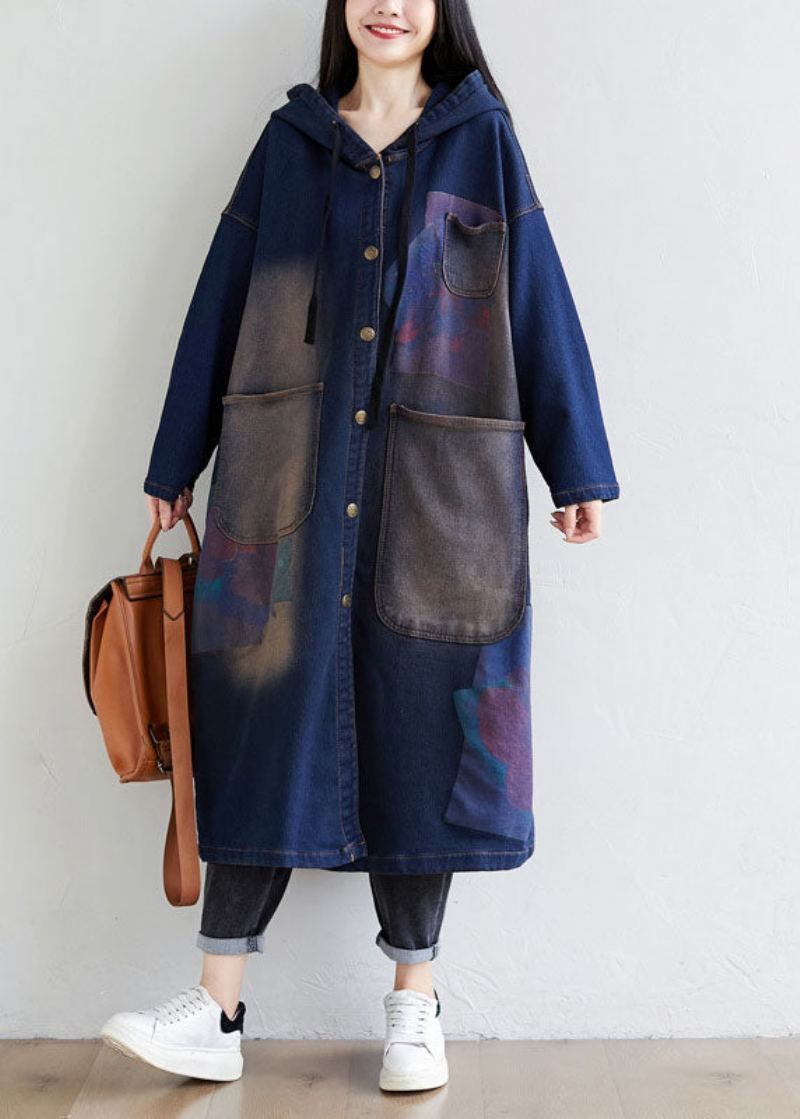 Simple Bleu Foncé Cordon À Capuche Poches Imprimer Denim Trench Manteaux Printemps