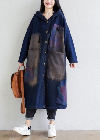 Simple Bleu Foncé Cordon À Capuche Poches Imprimer Denim Trench Manteaux Printemps