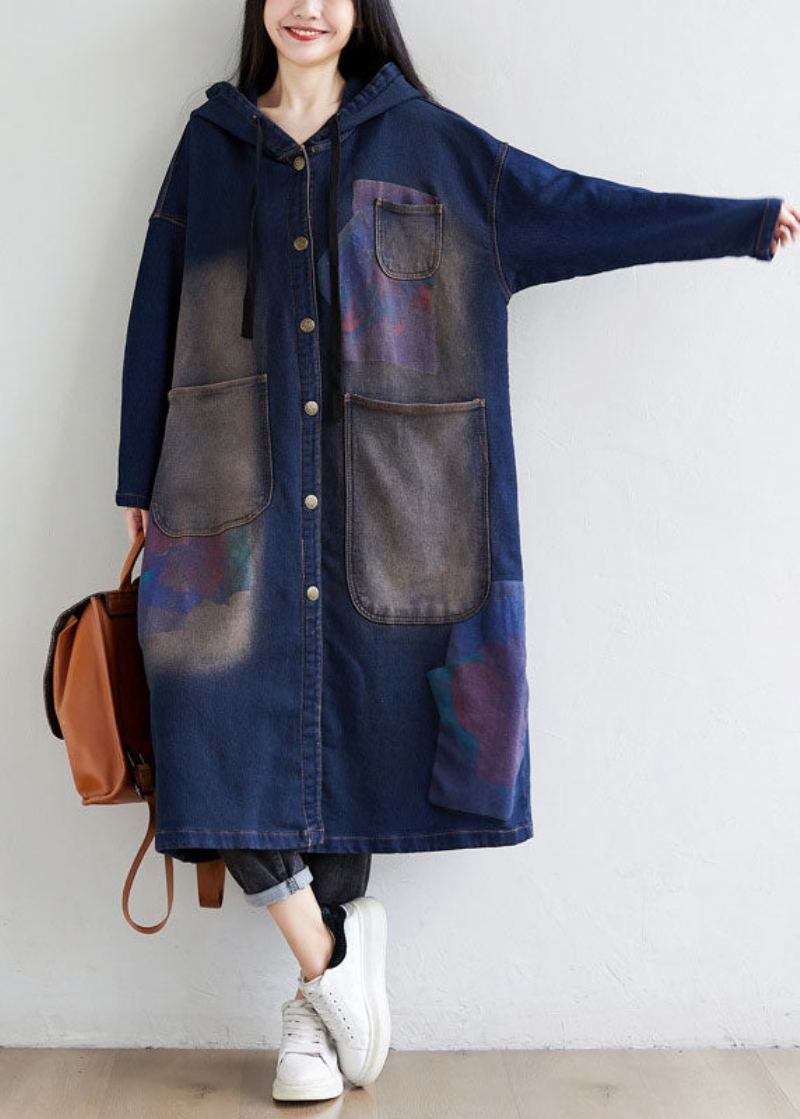 Simple Bleu Foncé Cordon À Capuche Poches Imprimer Denim Trench Manteaux Printemps - Trenchs femmes