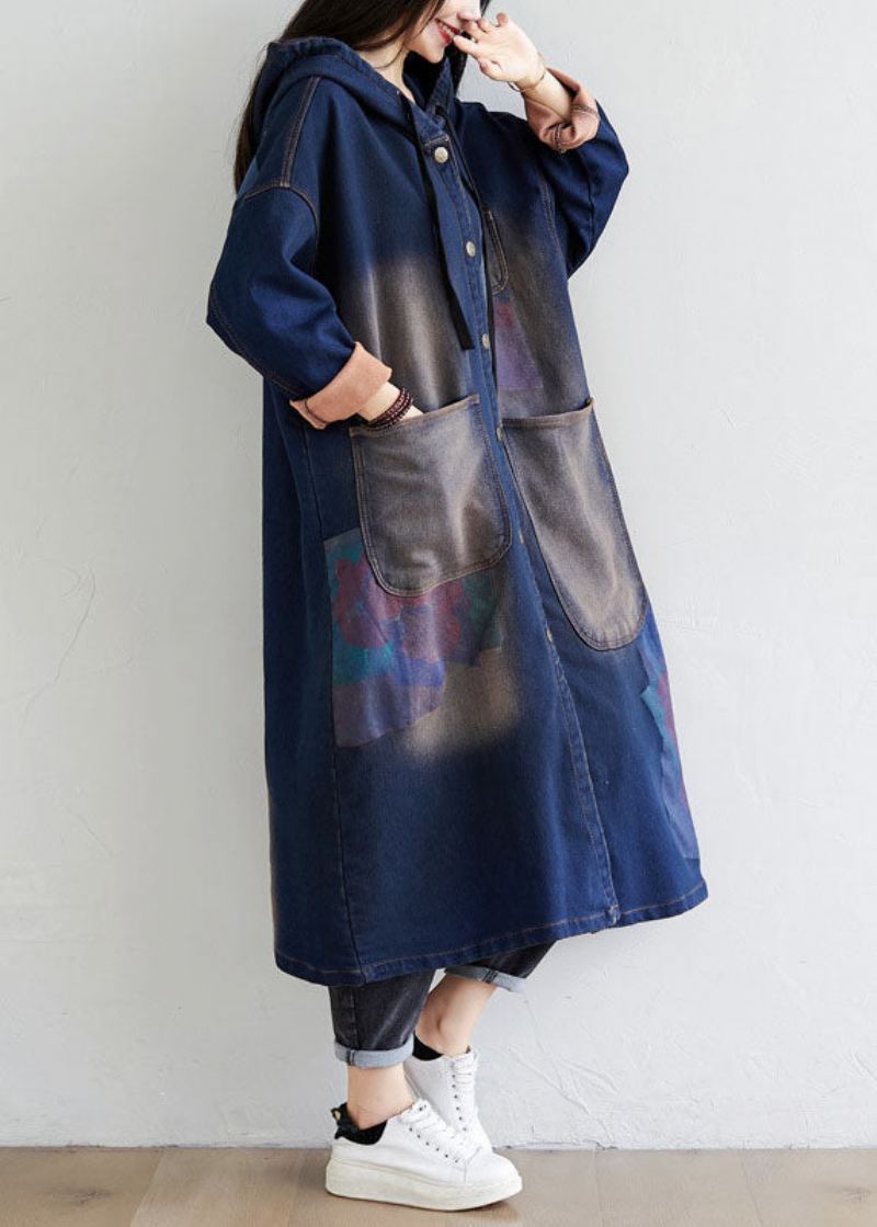 Simple Bleu Foncé Cordon À Capuche Poches Imprimer Denim Trench Manteaux Printemps - Trenchs femmes