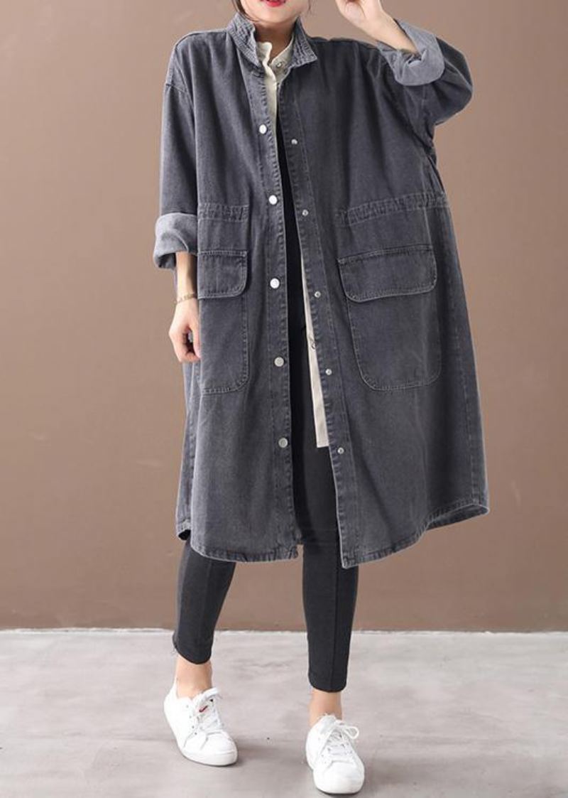 Simple Col Montant Cordon Mode Tunique Manteau Denim Noir Midi Femmes Manteaux