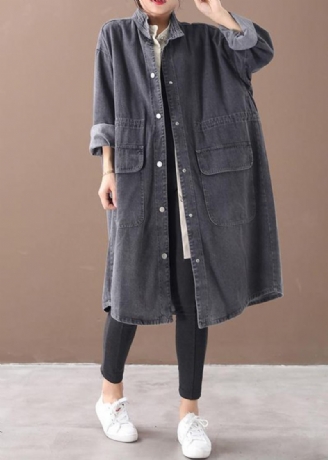 Simple Col Montant Cordon Mode Tunique Manteau Denim Noir Midi Femmes Manteaux