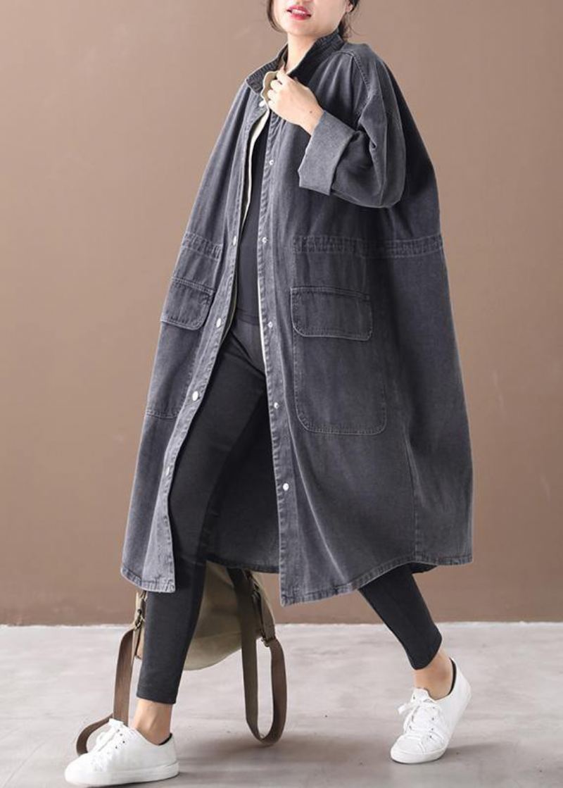 Simple Col Montant Cordon Mode Tunique Manteau Denim Noir Midi Femmes Manteaux - Bleu