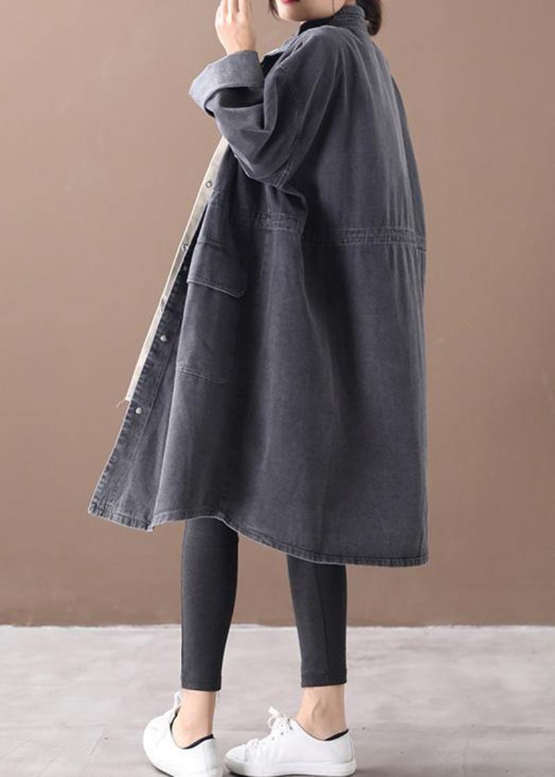 Simple Col Montant Cordon Mode Tunique Manteau Denim Noir Midi Femmes Manteaux - Bleu